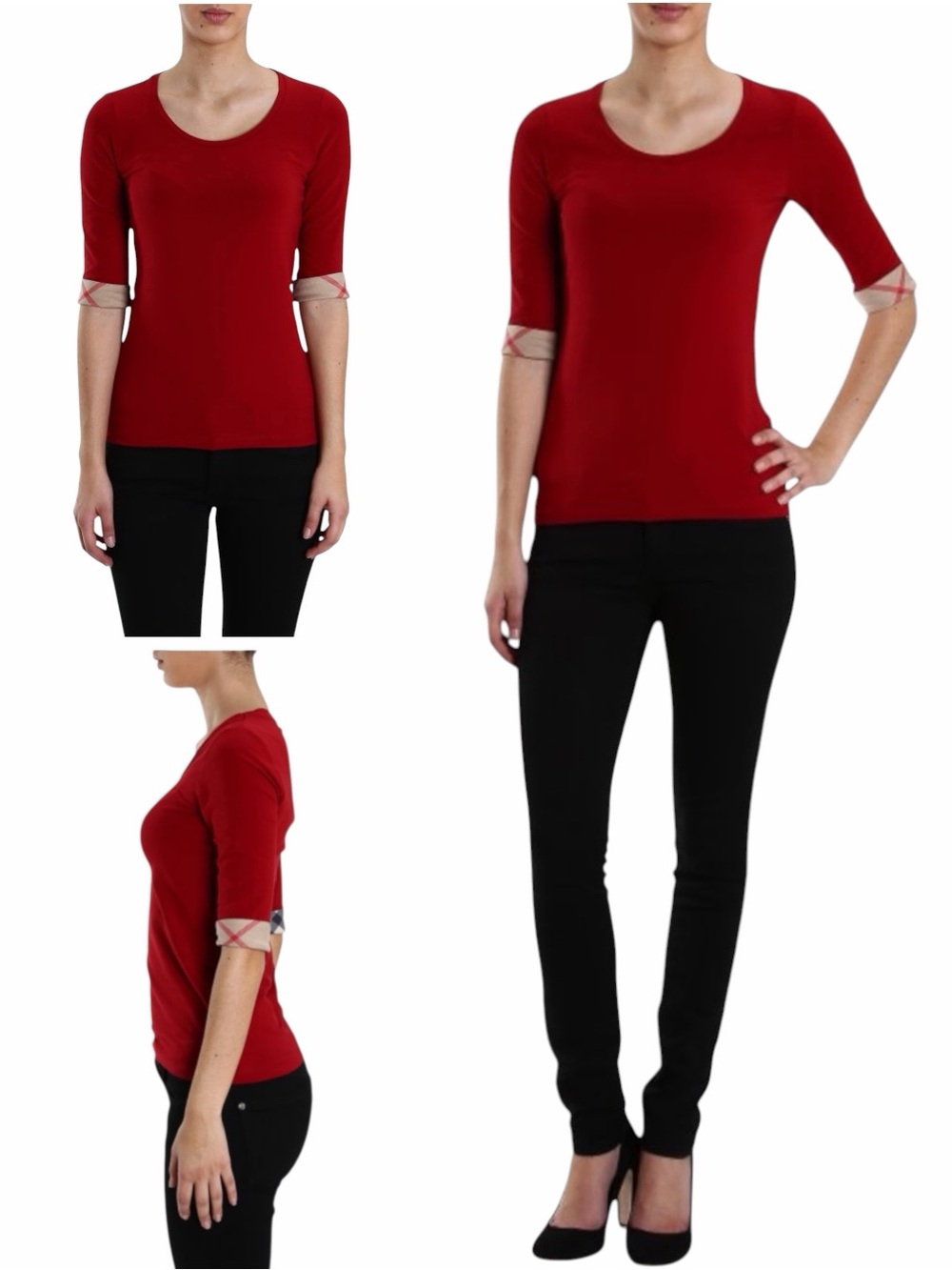 Burberry Brit Red Cotton Check Cuff 3/4 Sleeve Scoop Neck Top Size M